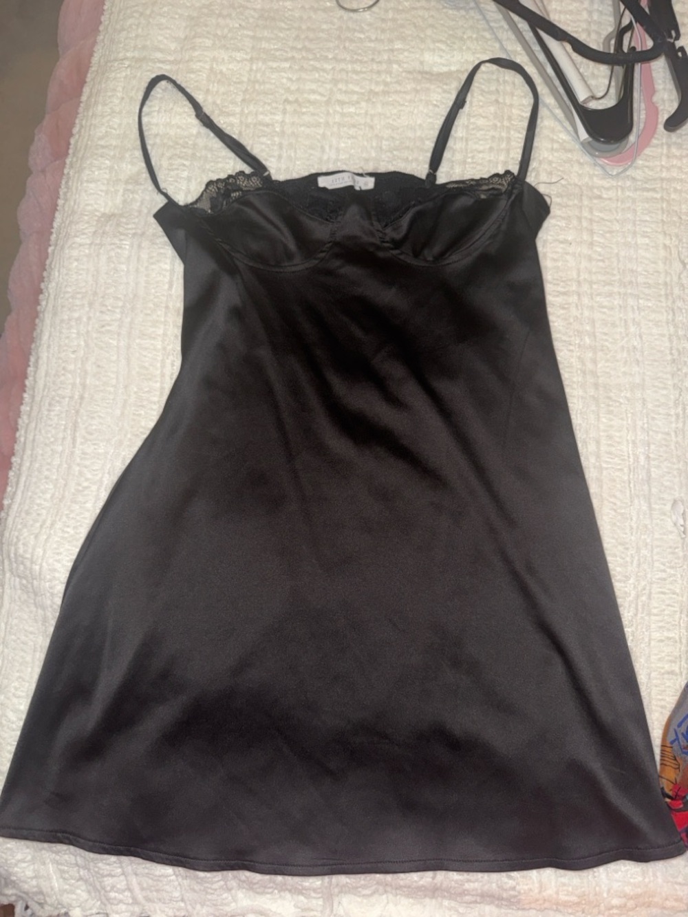 Black Satin Slip Dress with Lace Trim